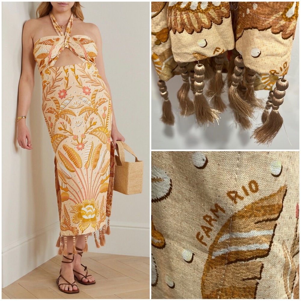 “NEW” FARM RIO Linen Blend side Splits Tassel Hem Halter neck midi dress Sz XL